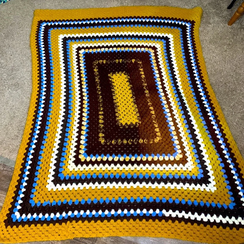 Vintage Crochet Knitted Throw Blanket | Mustard Yellow Blue & Brown Decor Colors